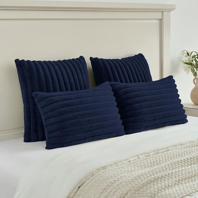 FUTEI Pack of 2 Faux Fur Throw Pillow Covers 12x20 Inch, Dark Navy | Fluffy Faux Rabbit Fur Front/Premium Velvet Back,Hidden Zipper,Machine Washable,Non-Shedding,Colorfast,Insert Not Included.