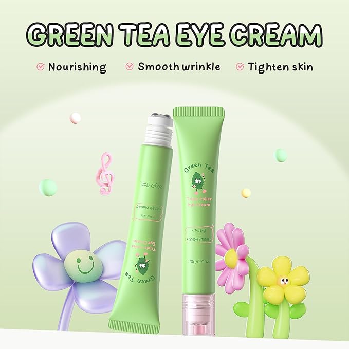 Green Tea Triple-roller Eye Cream, Multi-Effect Under Eye Cream for Smooth Wrinkle & Tighten Skin, Day & Night Moisturizing Eye Cream with Green Tea Extract, Reduce Wrinkles Fine Lines & Bags