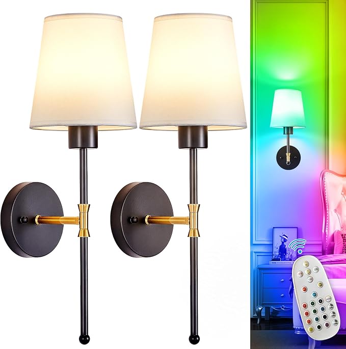 Depuley Battery Operated Wall Sconce: Set of 2 19.99" Wireless Wall Lights with Remote for Bedroom - Rechargeable 15 Colors Black and Gold Wall Lamp for Living Room Hallway Decor