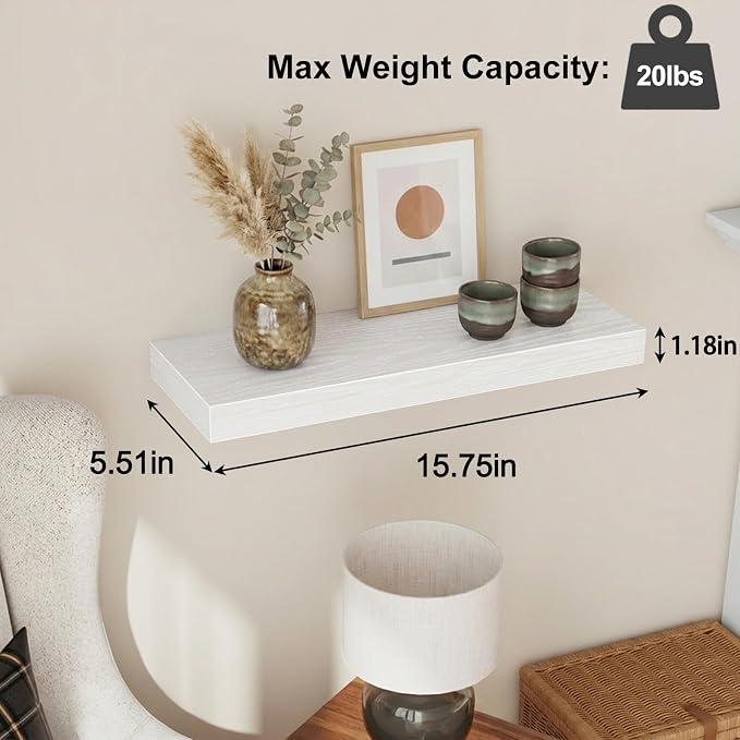 Fixwal Floating Shelves for Wall Decor (White, Set of 4, 15.7 Inch) | MDF Shelves with Metal Brackets, Space Saving for Books, Decor, Works in Bathroom, Kitchen, Living Room, Bedroom