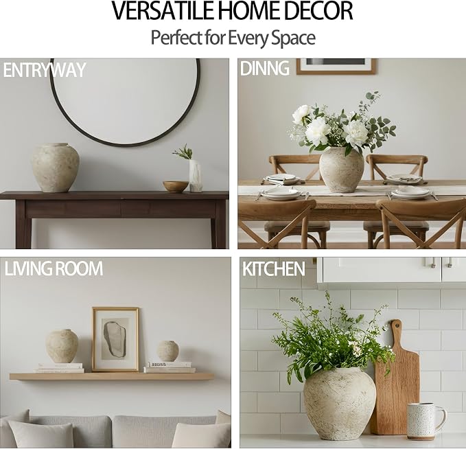 Hanyi Ceramic Rustic White Vase, 8.35 inch Farmhouse Sand Glaze Finish Vintage Boho Decor for Table, Living Room, Bathroom, Shelf, Mantel