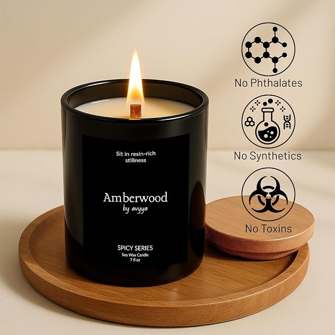 Spicy Series Soy Candle | 100% Natural Soy Wax, Essential Oil Aromatherapy | Eco-Friendly Wooden Wick and Reusable Jar | Carbon-Free | Handmade Gift Candle (Amberwood)