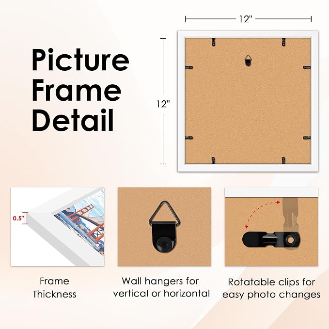 12x12 Picture Frame White Set of 2, Photo Frame with HD Plexiglass, Display Pictures 8x8 with Mat or 11x17 Without Mat, White Picture Frames Collage Wall Decor, Gallary Wall Frame