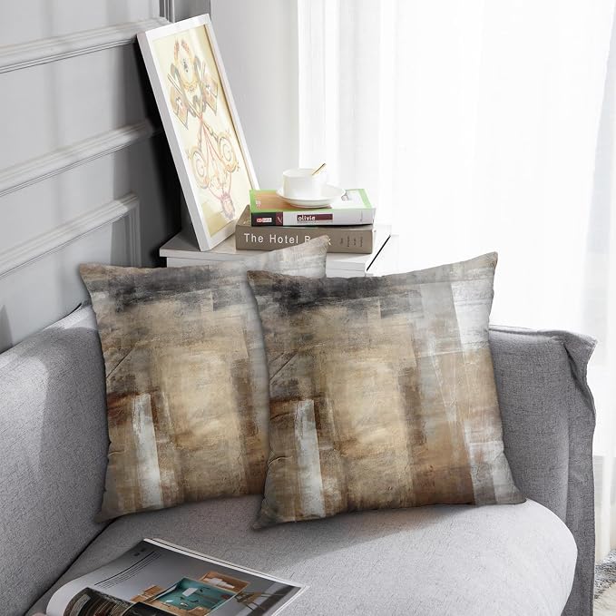 Throw Pillow Covers Set of 2, 20 x 20 Inch, Beige Grey Brown Taupe | Abstract Modern Art Outdoor Decorative Square Pillow Cases Couch Cushion Case for Couch Bed Sofa Living Room Home Decor