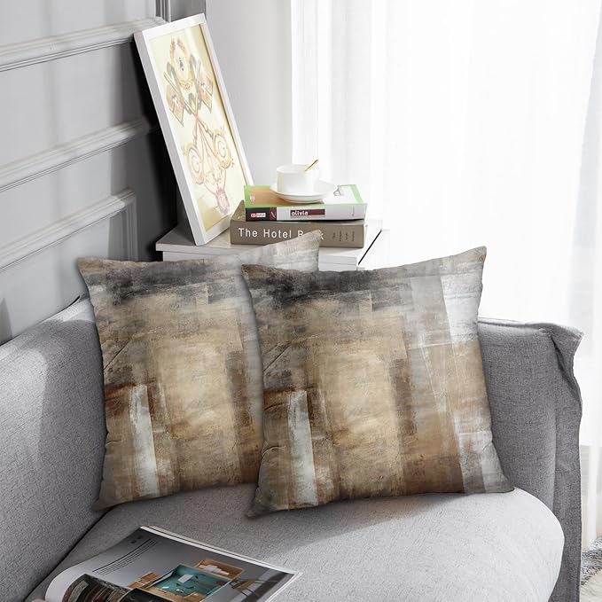 Throw Pillow Covers Set of 2, 18 x 18 Inch, Grey Brown Beige | Abstract Modern Art Outdoor Decorative Square Pillow Cases Couch Cushion Case for Couch Bed Sofa Living Room Home Decor