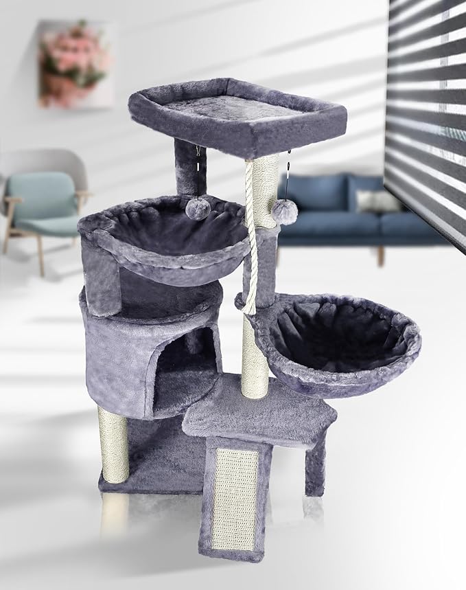 Three Layer Cat Tree with Cat Condo Scratch Pad and Two Hammocks,Grey | 3-Tier Cat Tree,Natural Sisal,Replaceable Hanging Balls,Sturdy Cat Furniture for Kitten&Adult Cat