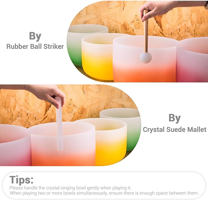 432Hz 6-12 Inch Set of 7 Quartz Crystal Singing Bowls with Gradient Colored Design, 2 Travel Carry Case Bags and Resonance Striker for Meditation and Sound Therapy