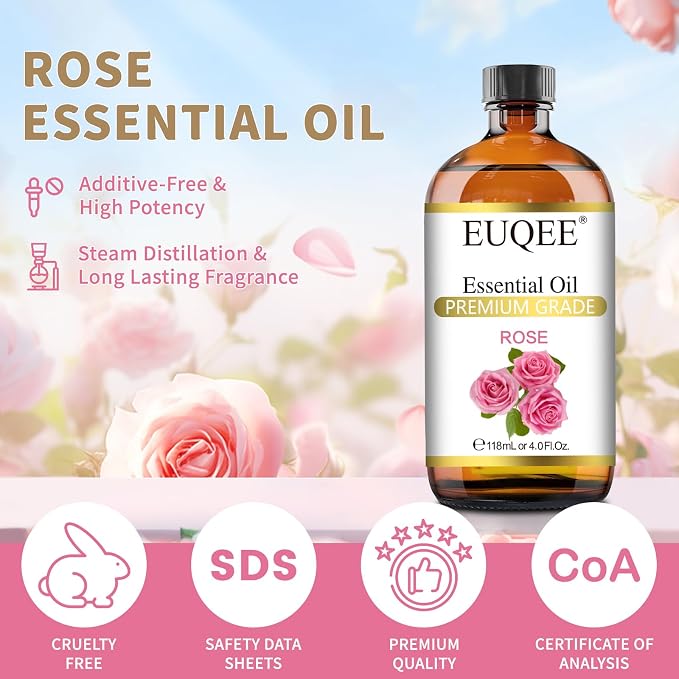 EUQEE Rose Essential Oil 118mL Large Capacity Rose Oil Premium Essential Oil with Glass Dropper for Diffuser, Soap & Candle Making, Aromatherapy - 4Fl. Oz