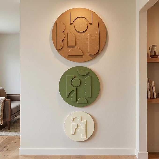 3D Textured Round Abstract Wall Art Set, 3-Piece Modern Minimalist Boho Geometric Sculptures Artwork for Walls, White Terracotta Green Paintings Wall Decor for Living Room Bedroom Dining Room Office