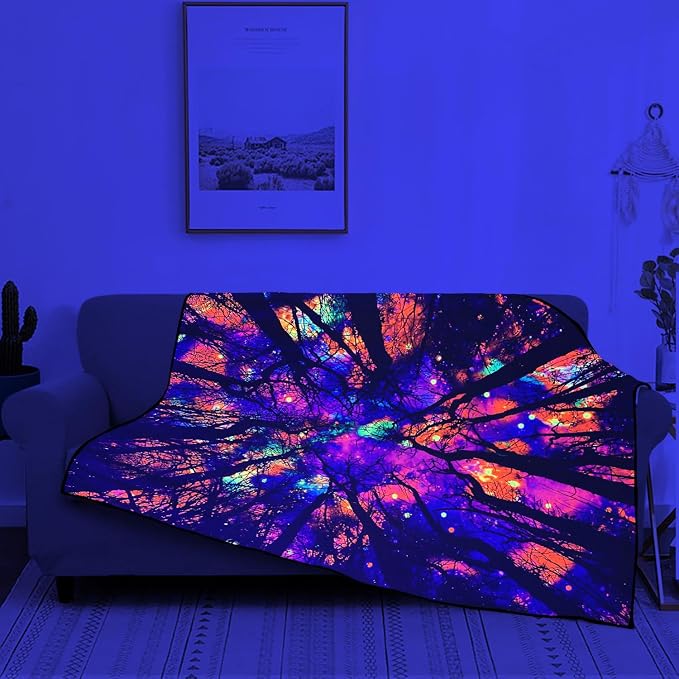 Blacklight Galaxy Forest Throw Blankets UV Reactive Night Sky Throw Blanket Glow in the Dark Under Black Lights Game Room Decor Soft Throw Gifts 59x51 Inches