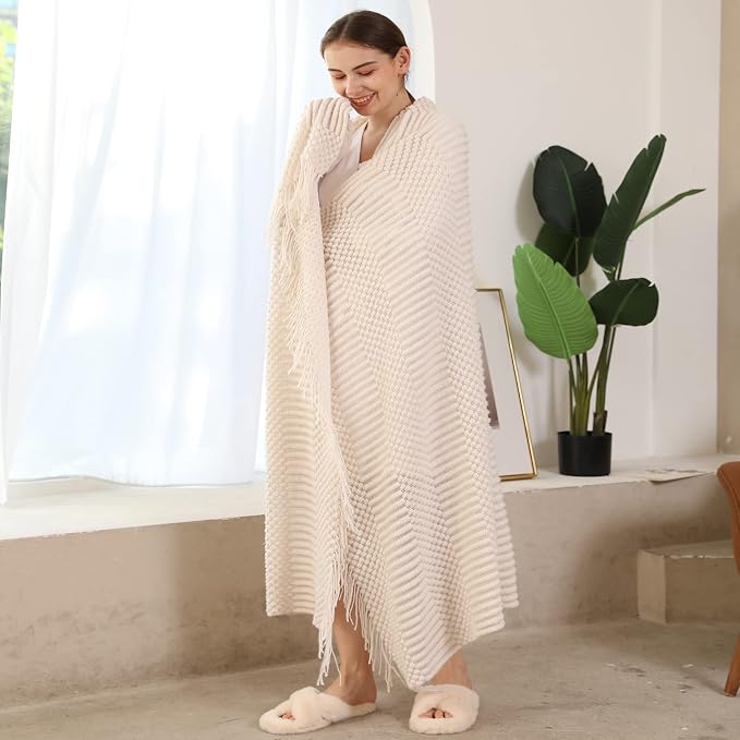 Blagic Soft Knitted Throw Blanket for Couch and Bed,White,50"x60" | Lightweight and Cozy,Farmhouse Boho Blanket with Tassel,Decorative for Living Room,Gifts for Adults,All Season Use