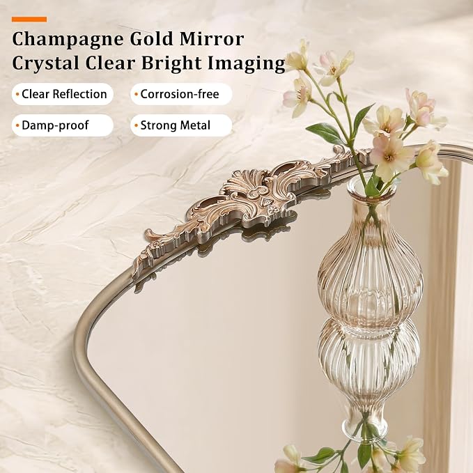 Besdomus Antique Arch Gold Mirror: 55"x36" Extra Large Champagne Decorative | Vintage Baroque Ornate Metal Framed Mirror for Home Renovation Decor - Ideal for Double Vanity/Entryway/Fireplace/Living Room