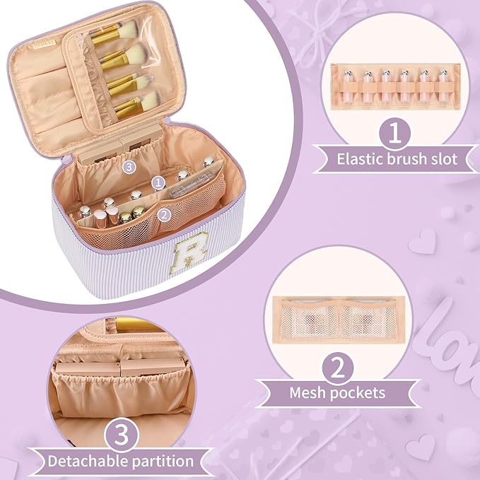 OCHEAL Makeup Bag Valentines Day Gifts for Women, Monogram Cosmetic Bag Purple Travel Makeup Case Beauty Toiletry Bag Organizer Personalized Gifts for Girls Bridesmaid, Sister, Wife, Friends Initial R