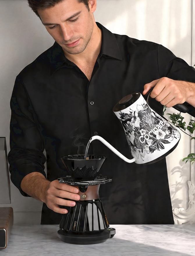 Cocinare Gooseneck Electric Kettle, ±0.5°F Precise Temperature Control, 1500W Fast Heating, Pour-Over Coffee & Tea, Stainless Steel, 0.9L (Artisan Blossom Design)
