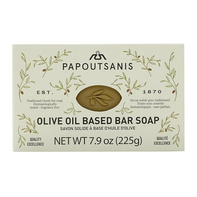 Papoutsanis Greek Olive Oil Based Soap Bar - Natural and Pure Plant-Based Castile Bar Soap - Unscented - Hypoallergenic - (New & Improved Formula infused with Coconut Oil) - 7.9oz Bars, Pack of 4