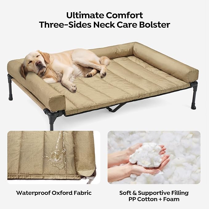 Veehoo Outdoor Elevated Dog Bed with Waterproof Bolster Cushion, Cooling | Raised Dog Bed with Removable & Washable Mat Topper, Breathable Mesh, Dog Couch Cot for Indoor Outdoor, 49", Large, Beige
