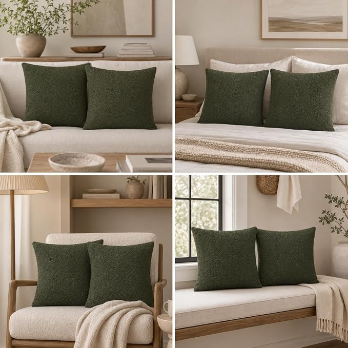 JoraLion 22x22 inch Boucle Throw Pillow Covers, Army Green Woven Texture Neutral Pillow Cover Breathable Cushion Case for Couch Sofa Bed Living Room Home Decor, Pack of 2, No Insert
