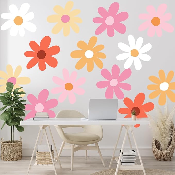 TaoBary 12 Sheet Daisy Wall Sticker Decal,Bright Color,Minimalist Style | Big Flower Wall Sticker, Pink White Floral Decal, Daisy Bedroom Room Decor, Removable Peel and Stick, Nursery Home Wall Decor