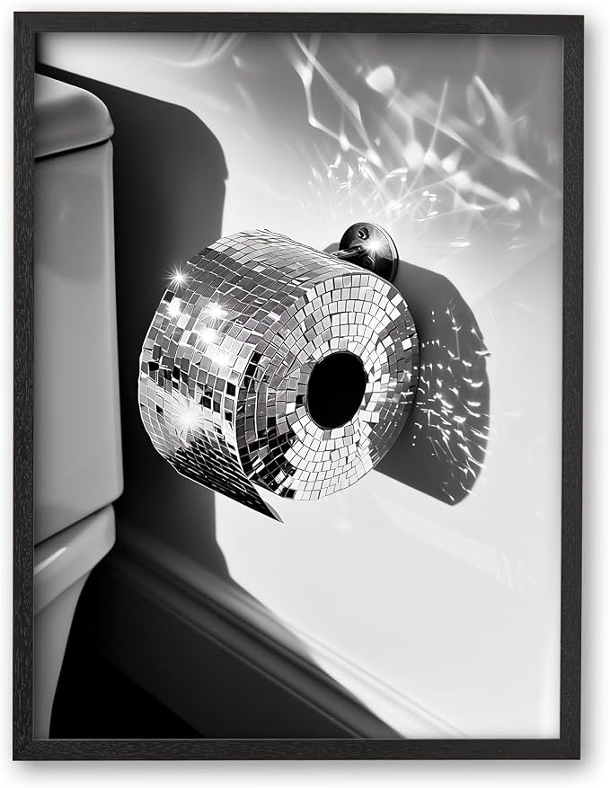 iHery 12x16in Disco Ball Toilet Paper Framed Bathroom Wall Art | Premium Black OAK Wood Frame with Canvas Print, Funny Black and White Decor for Bathroom, Powder Room Guest Bathroom 1Pack