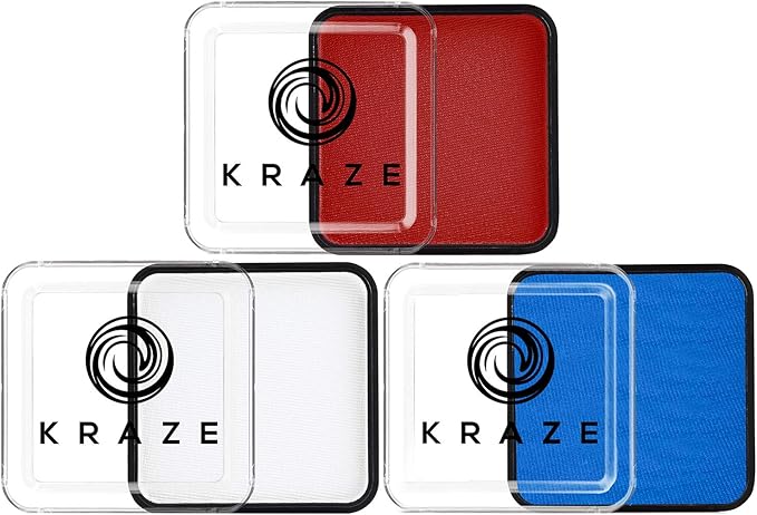Kraze FX Red White Blue Face Paint Set (25 gm Each) - Hypoallergenic, Non-Toxic, Water Activated Professional Face & Body Painting Makeup for Patriotic Events, 4th of July America, Halloween