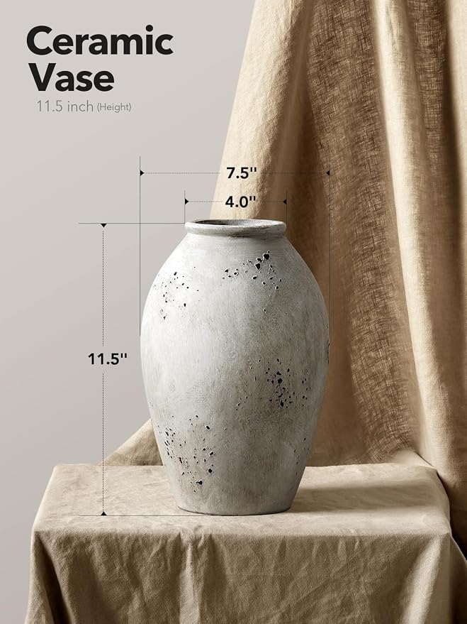 LE TAUCI Ceramic Vase, 11.5 Inch Large Wabi-Sabi Vase, Tall Vase for Home Decor, Living Room Table & Mantel Centerpiece, Watertight & Sturdy, Weathered Stone Greige