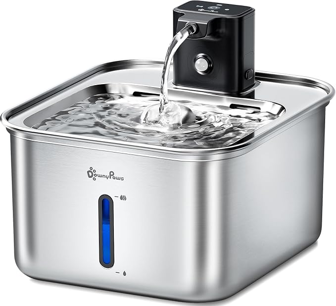 DownyPaws Cat Water Fountain Stainless Steel Wireless Automatic, Metal | Cordless Battery Operated Pet Water Fountain, 101 Oz/3L Water Fountain for Cats Drinking with Motion Sensor