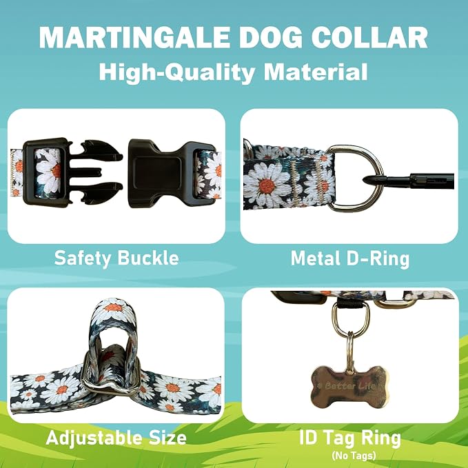 Martingale Collar for Dogs Flower Dog Collar with Quick Release Buckle Adjustable Nylon Soft Dog Collars for XSmall Dogs, Daisy