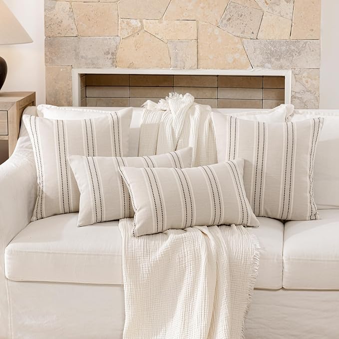 Hckot Striped Throw Pillow Covers 22x22 Set of 2 Charcoal Pillow Covers | Farmhouse Decorative Pillows Textured Linen Square Cushion Covers for Sofa Couch Bed Living Room Decor