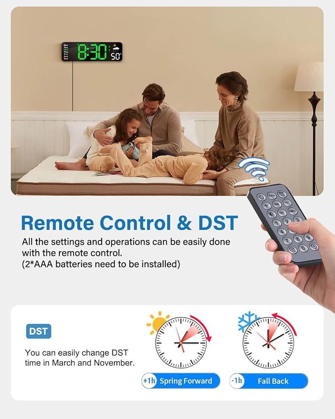 Digital Wall Clock, Digital Clock Large Display with Remote Control, Corded LED Alarm Clocks with Date, Week, Temp, Humidity, Auto DST, Countdown, for Living Room Bedroom Classroom Office (Green)