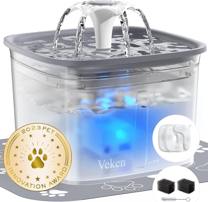 Veken Innovation Award Winner 95oz/2.8L Cat Water Fountain | Automatic Pet Fountain Dog Water Dispenser with Replacement Filters & Silicone Mat for Cats, Dogs (Transparent Grey, Plastic)