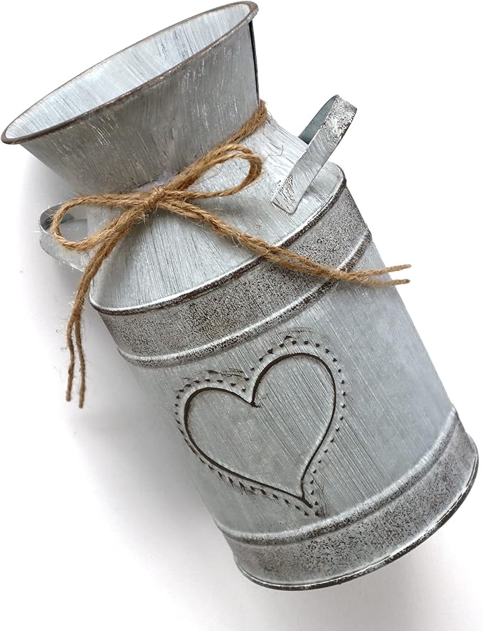 Galvanized Milk Can Antique Retro Vase Metal Planter Rustic Vintage Primitive Flower Holder Farmhouse Country Plant for Home Office Decor, 7.6”