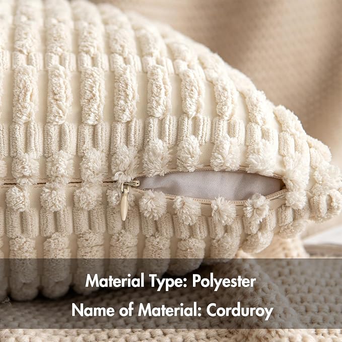 MIULEE Lumbar Corduroy Decorative Throw Pillow Covers 24x14 Cream White | Pack of 2 Soft Boho Striped Pillow Covers Modern Farmhouse Home Decor For Sofa Living Room Couch Bed