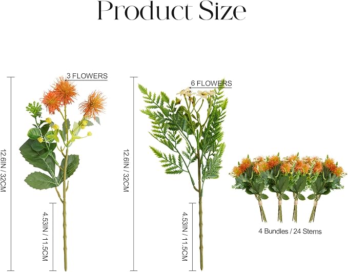 RM ROOMERS Artificial Flowers Plants for Outdoors,Fall Fake Flowers Orange | Pincushion UV Resistant Faux Flower for Garden Porch Windowbox Front Door Yard, No Fade Home Vase Decor (4 Bundles/24 Stems)