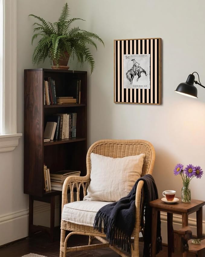 ZZLWBKGL Western Wall Decor Cowboy Canvas Art Vintage Framed Wall Art | Farmhouse Striped Artwork Retro Country West Stamp Picture Bucking Bronco Paintings for Living Room Bedroom 12x16in