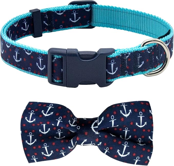 azuza Anchor Dog Collar with Bow Tie, Soft and Comfortable Adjustable Bowtie for Small Dogs