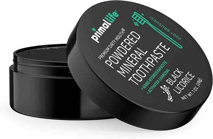 Primal Life Organics - Dirty Mouth Toothpowder, Activated Charcoal Tooth Cleaning Powder, Essential Oils Natural Kaolin Bentonite Clay, 200+ Brushings, Organic Vegan (Charcoal Black Licorice, 1 oz)