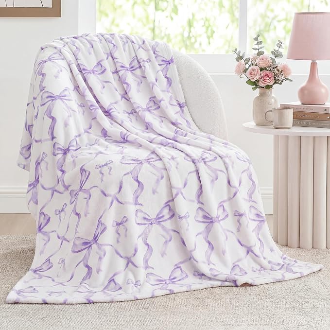 Purple Bow Throw Blanket 50"x60" Soft Flannel for Girls Women | Coquette Aesthetic Decor with Ruffled Edges, Ultra Plush Bed Sofa Blanket, Preppy Gift for Teens, Back to School Dorm Room