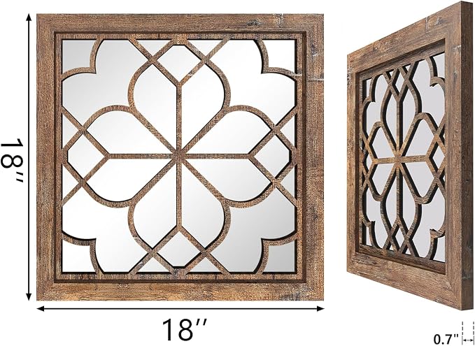 Set of 2 18 Inch Large Square Maroon Window Pane Wall Mirrors, Shatterproof Rustic Farmhouse Boho Vintage Accent Mirrors for Living Room, Bedroom, Bathroom, Entryway & Home Decor