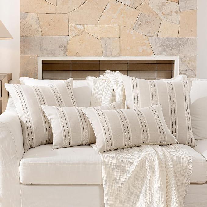 Hckot Striped Throw Pillow Covers 12x20 Set of 2 Taupe Pillow Covers | Farmhouse Decorative Pillows Textured Linen Square Cushion Covers for Sofa Couch Bed Living Room Decor(Taupe)