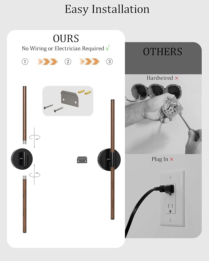 40" Battery Operated Wall Sconce Set of 2, 350° Rotating Lamp, Walnut Black | Wireless, 8000mAh Rechargeable Battery, Stepless Dimming, 3000K-6000K, Remote & Touch Control, Timer, Living Room, Bedroom