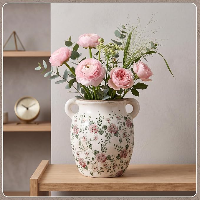 LemonRoad Vintage Planter Large Ceramic Plants Pot Beige Chinoiserie Floral Cottage Scroll Vase Flower Pot Indoor Home Farmhouse Kitchen Antique Decorative Gifts(Red Plum Blossom,7.7 Inch)