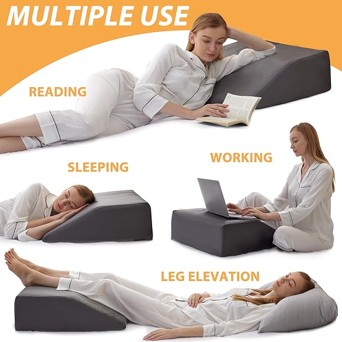 Bedluxe Leg Elevation Pillows, Leg Pillows for Sleeping, Cooling Gel Memory Foam Top, Wedge Pillow for Legs, Leg Wedges for Circulation, Swelling, After Surgery - Removable Cover (8 Inch, Dark Grey)