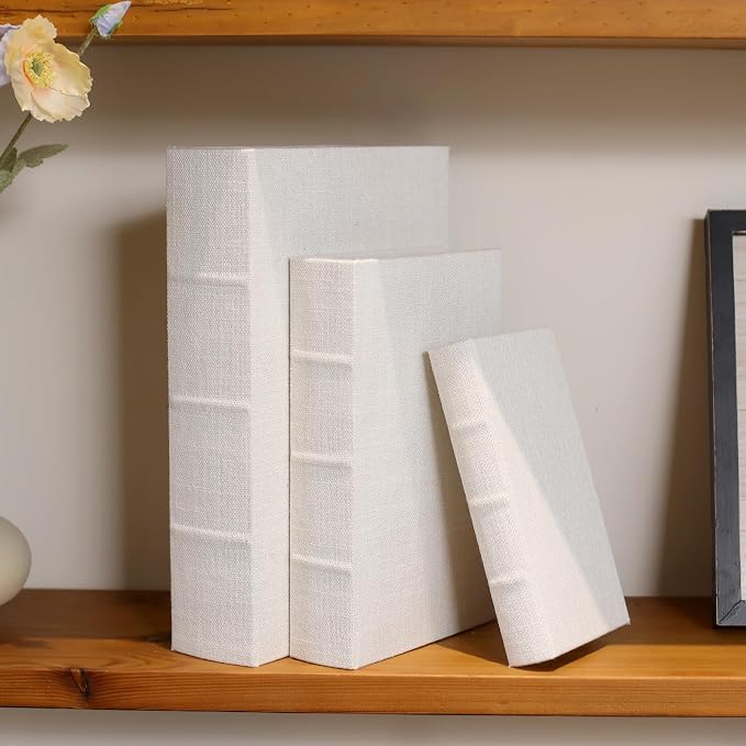 Decorative Book Boxes Set of 3,Modern Faux Linen Hidden Storage, Off White | For Coffee Table – Stackable Fake Books for Shelf Decor, Remote Control & Jewelry Organizer