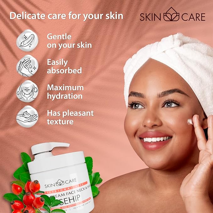 Skin Care Rosehip Oil 3-in-1 Moisturizer Face Cream, Neck and Hands - Treatment for Crepey Texture, Wrinkles and Sagging - Daily Lotion for All Skin Types - 16.9 fl. oz.