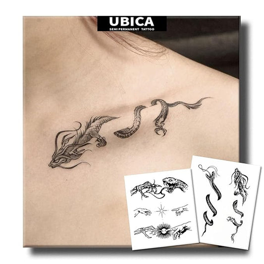 2 Sheets Long Lasting Dragon Temporary Fake Tattoos For Women Arm Hand Neck Collarbone,Snake Semi Permanent Tattoo For Adults Girl,Realistic, Waterproof and Non-Reflective