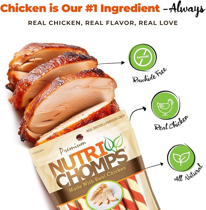Nutri Chomps Rawhide Free Dog Chews, Real Chicken, 5in Twists, 10ct, 2pk | Long-lasting chew. High protein, low fat, healthy & delicious treat for dogs.