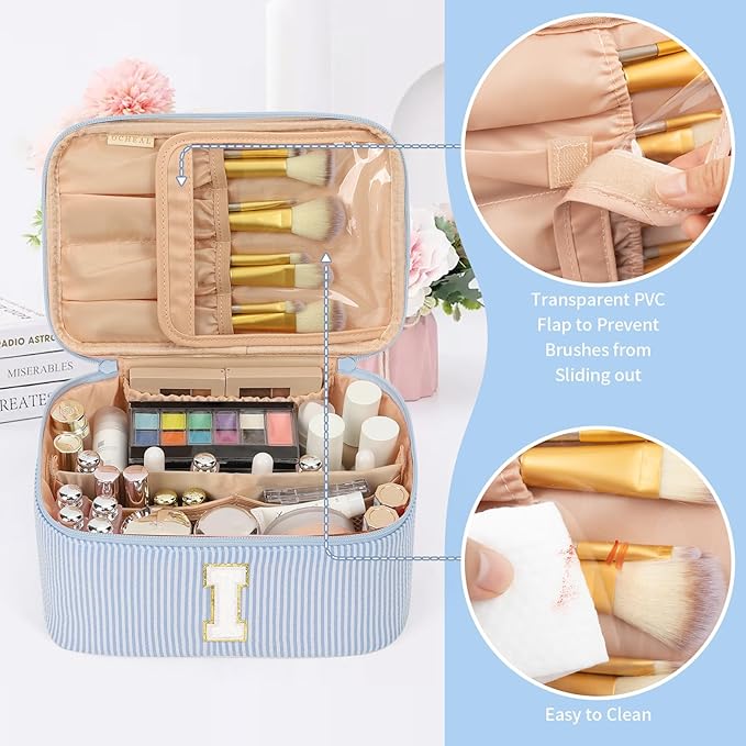 OCHEAL Makeup Bag Valentines Day Gifts for Women, Monogram Cosmetic Bag Blue Travel Makeup Case Beauty Toiletry Bag Organizer Personalized Gifts for Girls Bridesmaid, Sister, Wife, Friends Initial I