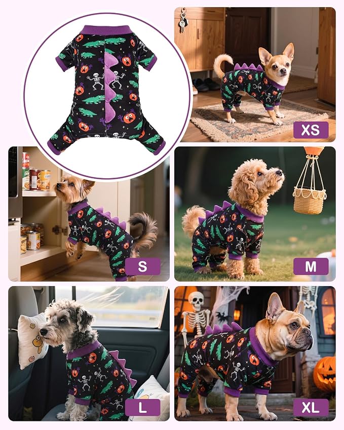 CuteBone Dinosaur Costume Halloween Dog Pajamas, Stretchy Spandex Crystal Velvet Sleepwear Coat for Small Dogs, Soft & Warm Pet Outfit Clothes for Cold Weather, Cozy Pullover Design COSP25S