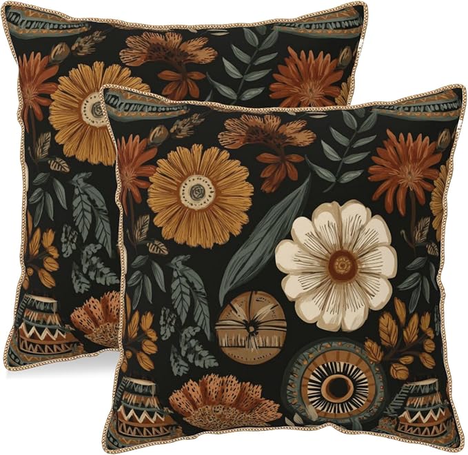 KSLIDS Boho Flower Soft Velvet Throw Pillow Covers Set of 2 Modern Abstract Retro Bohemian Flower Decorative Pillow Covers 16x16 Inch Mid Century Tropical Leaves Pillow Case for Sofa Couch Home Decor