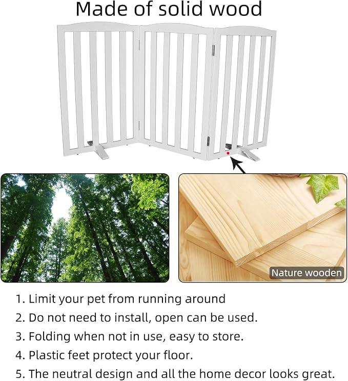 ZJSF Foldable Freestanding Indoor Dog Gate for House Wood White Long Pet Gates Dog Fence for Stairs Puppy Gates for Hallways,Pet Fence, Puppy Gate,Support Feet Included 32 "Height-3 Panels